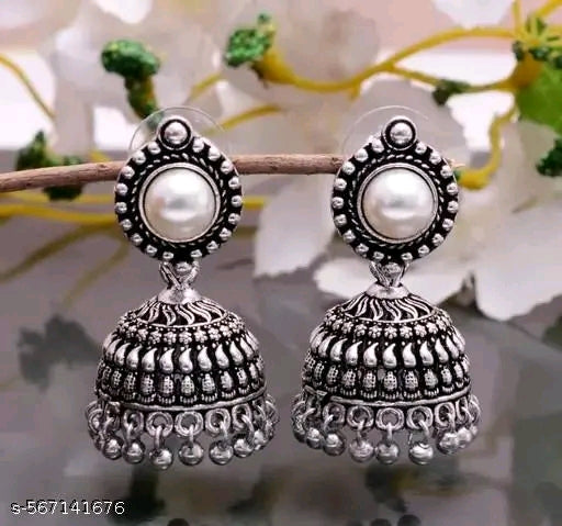 Traditional Jewellery Ethnic Fancy Pearl Studded Silver Platted Oxidised Jhumka Earrings for Girls and Women