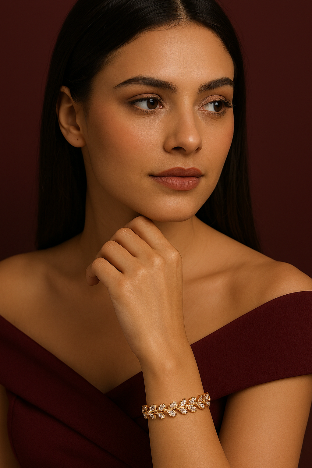 Woman wearing a bracelet with a maroon background