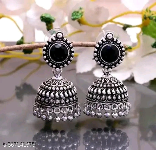 Traditional Jewellery Ethnic Fancy Pearl Studded Silver Platted Oxidised Jhumka Earrings for Girls and Women