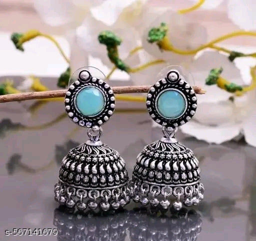 Traditional Jewellery Ethnic Fancy Pearl Studded Silver Platted Oxidised Jhumka Earrings for Girls and Women